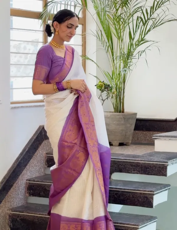 White_and_Purple_Premium_Cotton_Saree_For_Women