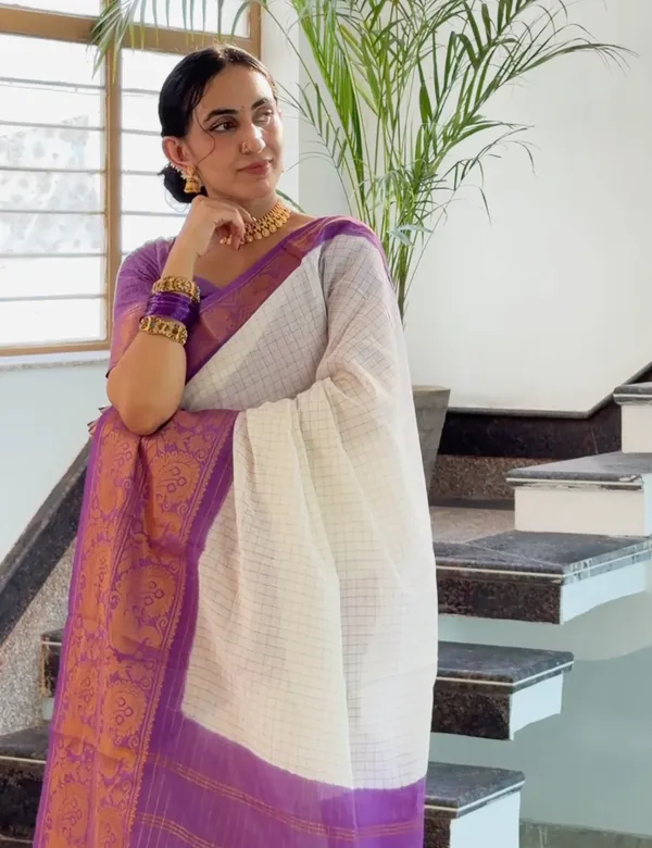 White_and_Purple_Premium_Cotton_Saree_For_Women