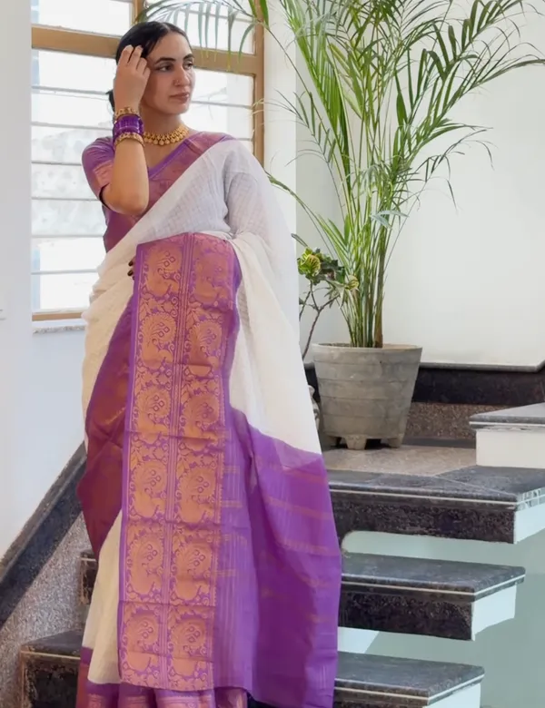 White_and_Purple_Premium_Cotton_Saree_For_Women