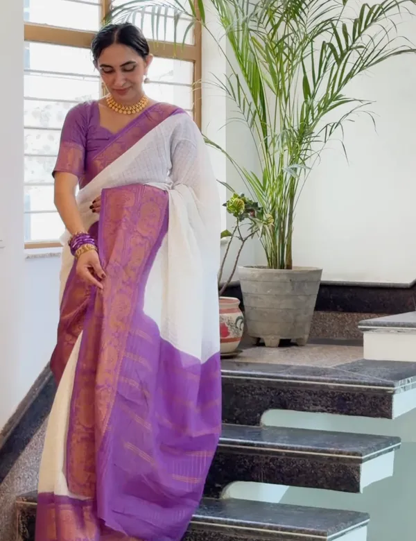 White_and_Purple_Premium_Cotton_Saree_For_Women