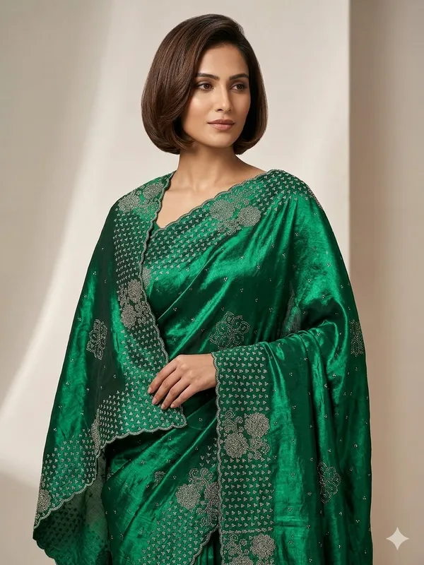 Emerald_Green_Satin_Floral_Printed_Saree_For_Women