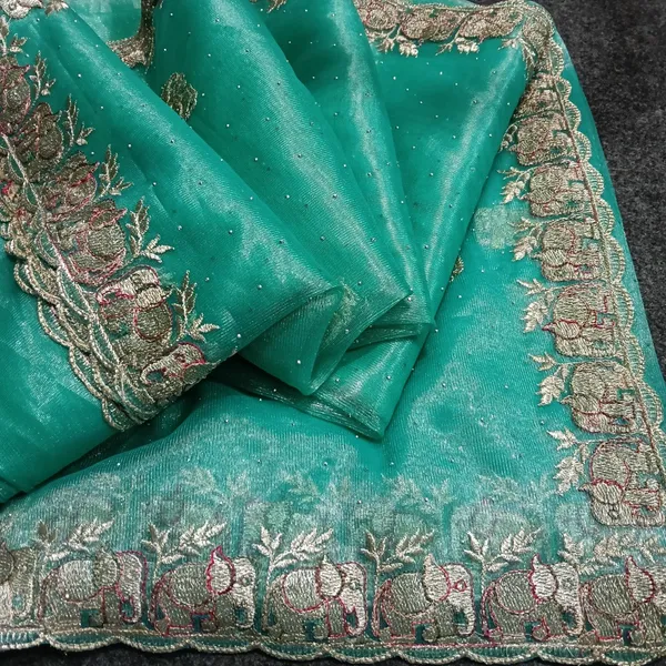Peacock_Blue_Net_Embroidered_Elephant_Motif_Saree_For_Women