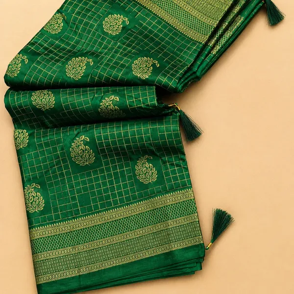 Emerald_Green_Vichitra_Floral_Checked_Printed_Saree_For_Women