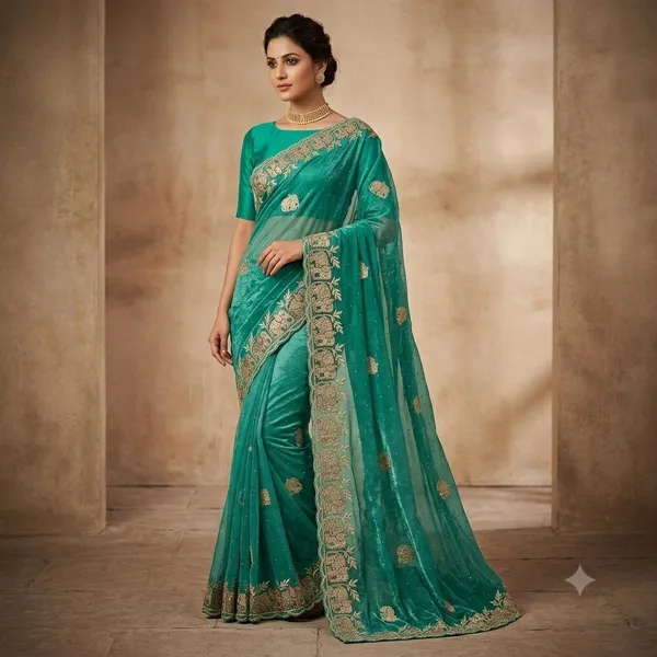 Peacock_Blue_Net_Embroidered_Elephant_Motif_Saree_For_Women