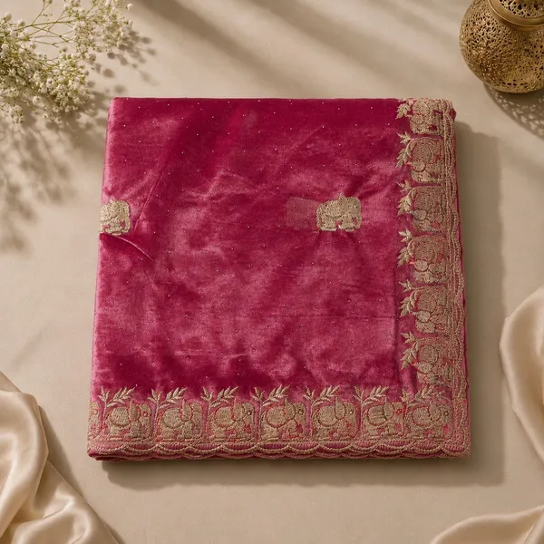 Deep_Pink_Net_Embroidered_Elephant_Floral_Border_Saree_For_Women