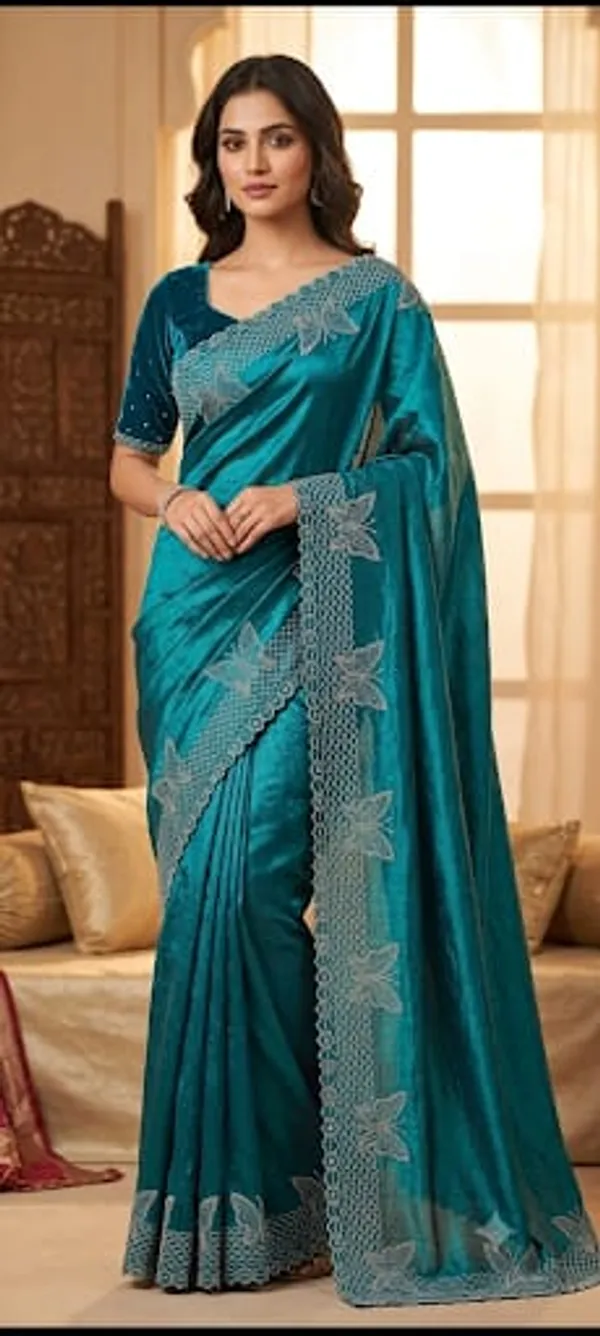 Peacock_Blue_Satin_Floral_Embroidered_Border_Saree_For_Women