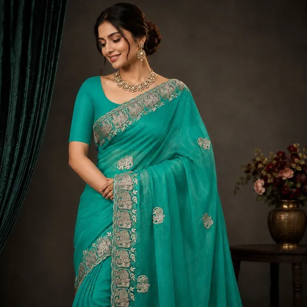 Peacock_Blue_Net_Embroidered_Elephant_Motif_Saree_For_Women