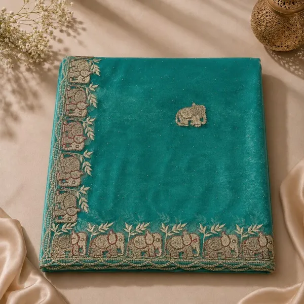 Peacock_Blue_Net_Embroidered_Elephant_Motif_Saree_For_Women