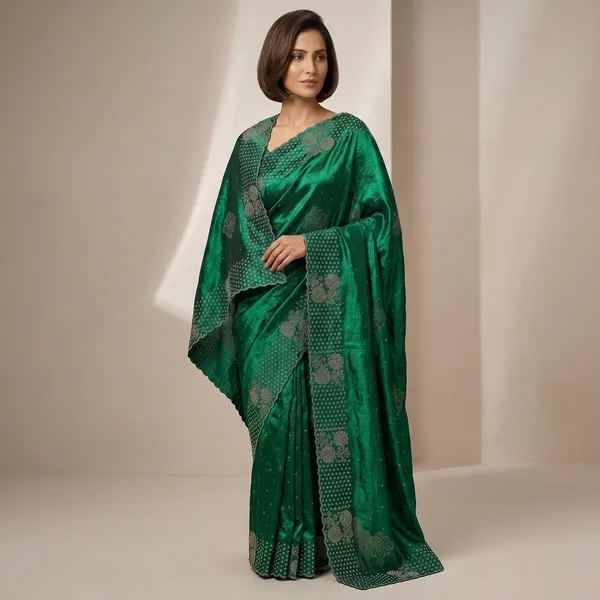 Emerald_Green_Satin_Floral_Printed_Saree_For_Women