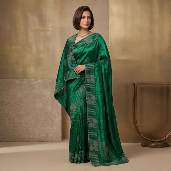 Emerald_Green_Satin_Floral_Printed_Saree_For_Women