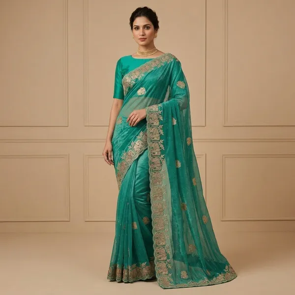 Peacock_Blue_Net_Embroidered_Elephant_Motif_Saree_For_Women