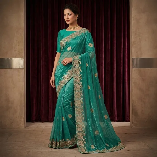 Peacock_Blue_Net_Embroidered_Elephant_Motif_Saree_For_Women