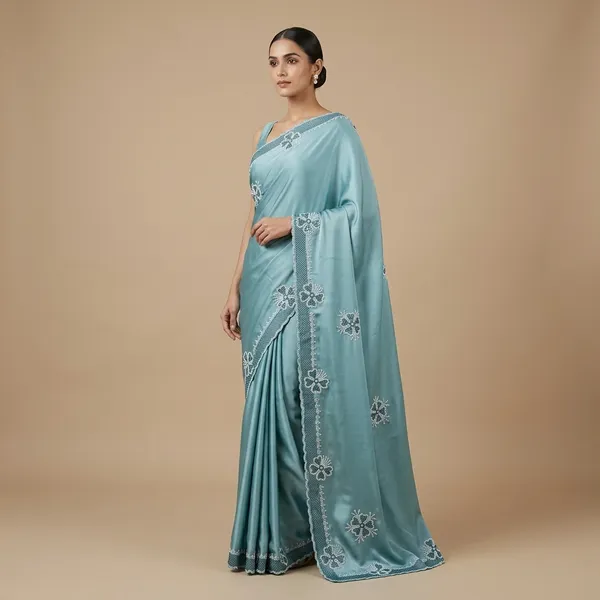 Teal_Japan_Satin_Embroidered_Floral_Saree_For_Women
