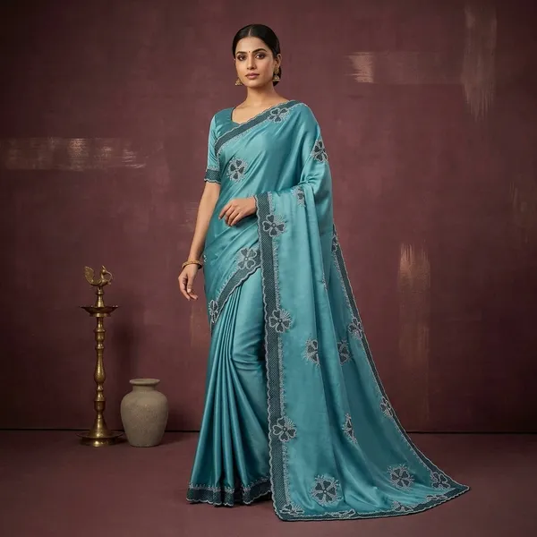 Teal_Japan_Satin_Embroidered_Floral_Saree_For_Women