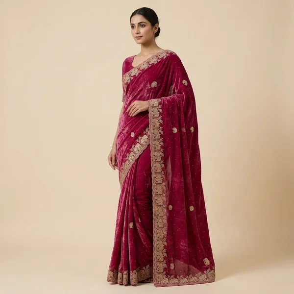Deep_Pink_Net_Embroidered_Elephant_Floral_Border_Saree_For_Women