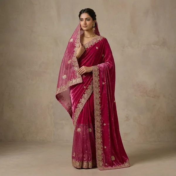 Deep_Pink_Net_Embroidered_Elephant_Floral_Border_Saree_For_Women