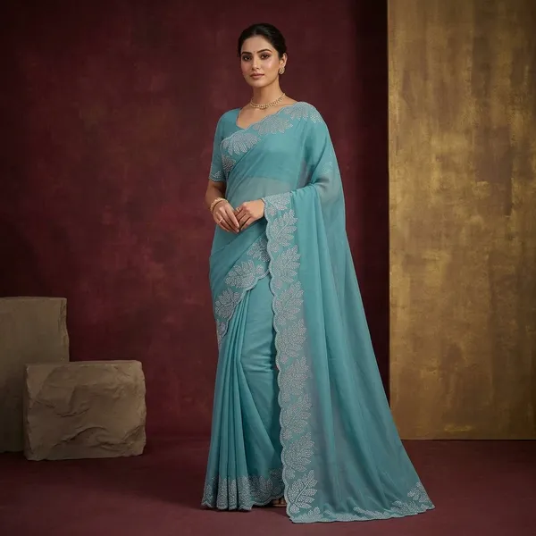 Teal_Japan_Satin_Embellished_Floral_Border_Saree_For_Women