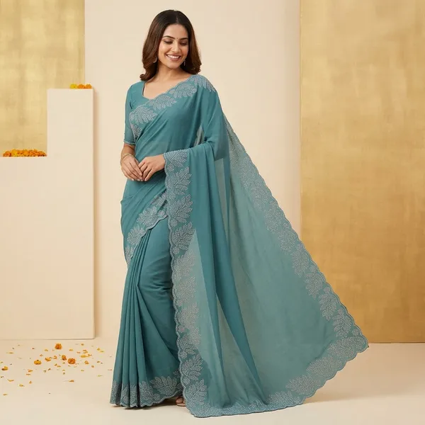 Teal_Japan_Satin_Embellished_Floral_Border_Saree_For_Women