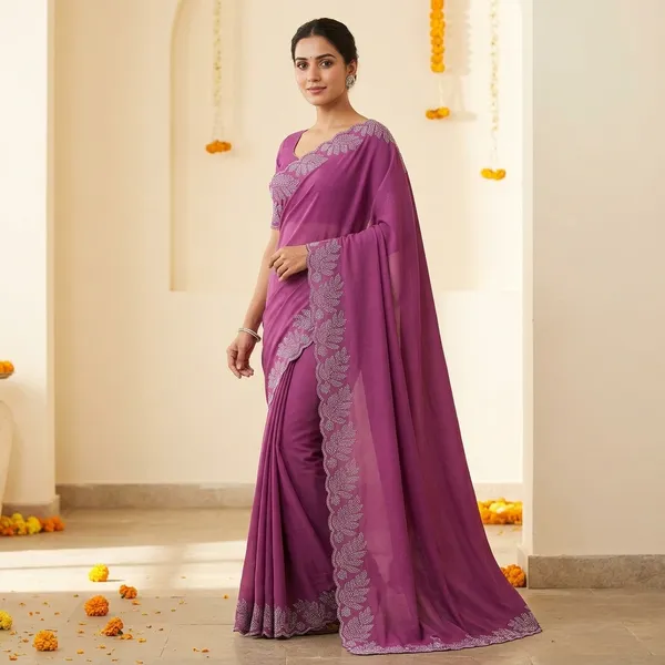 Deep_Onion_Pink_Japan_Satin_Embellished_Floral_Border_Saree_For_Women