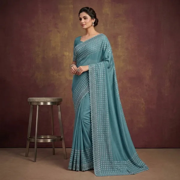 Teal_Japan_Satin_Embroidered_Geometric_Border_Saree_For_Women