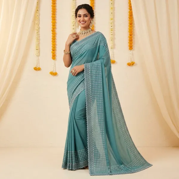 Teal_Japan_Satin_Embroidered_Geometric_Border_Saree_For_Women