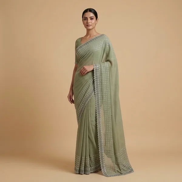 Sage_Green_Japan_Satin_Floral_Geometric_Border_Saree_For_Women