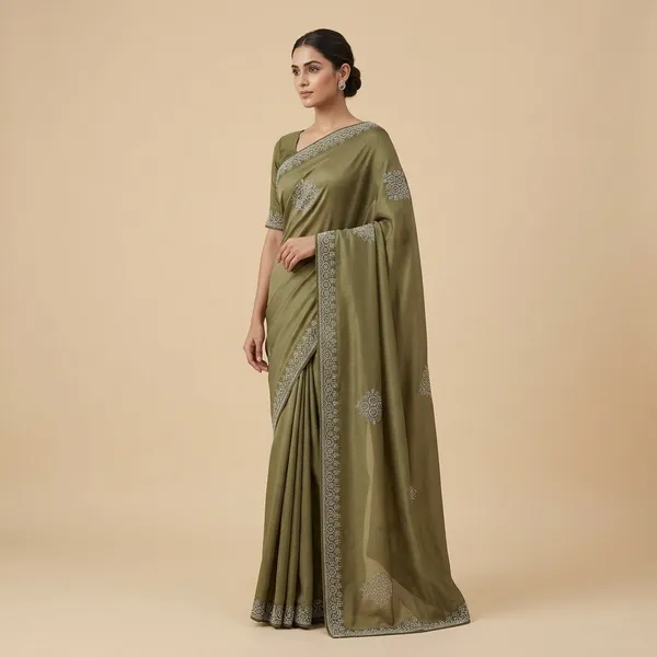 Olive_Green_Satin_Geometric_Embellished_Border_Saree_For_Women