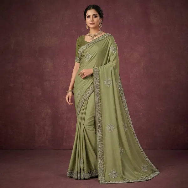Olive_Green_Satin_Geometric_Embellished_Border_Saree_For_Women