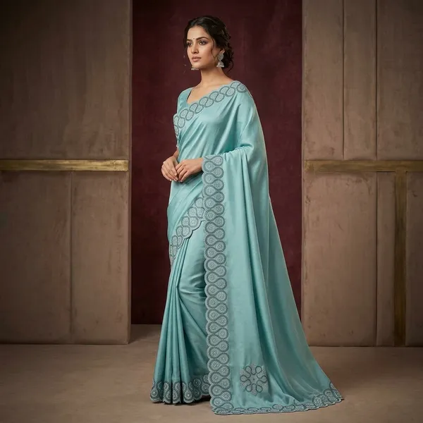 Teal_Japan_Satin_Sequin_Border_Embellished_Saree_For_Women