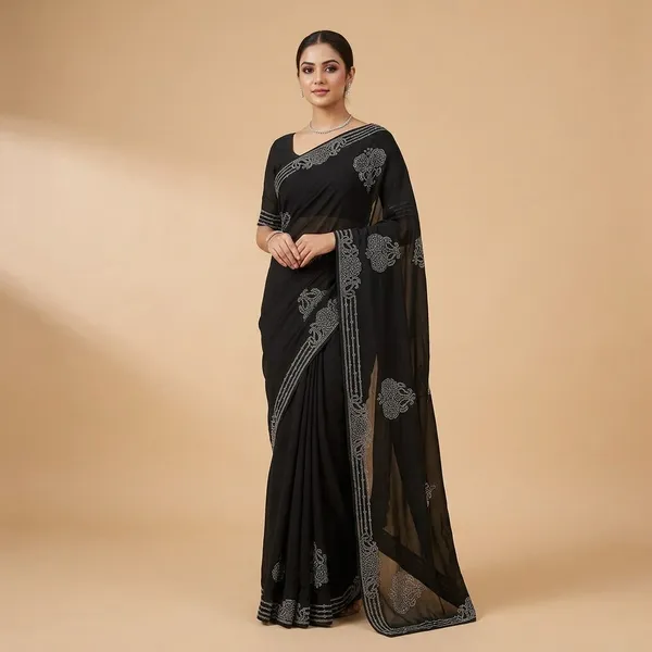 Black_Satin_Floral_Embroidered_Saree_For_Women