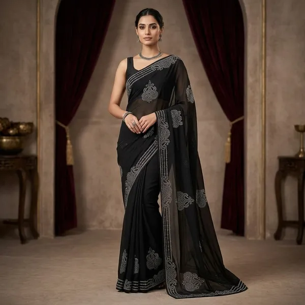 Black_Satin_Floral_Embroidered_Saree_For_Women