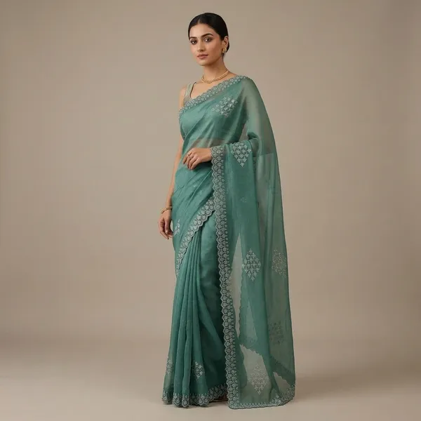 Sea_Green_Satin_Lace_Border_Silver_Motif_Embellished_Saree_For_Women