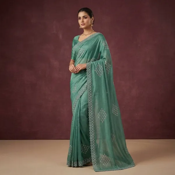 Sea_Green_Satin_Lace_Border_Silver_Motif_Embellished_Saree_For_Women