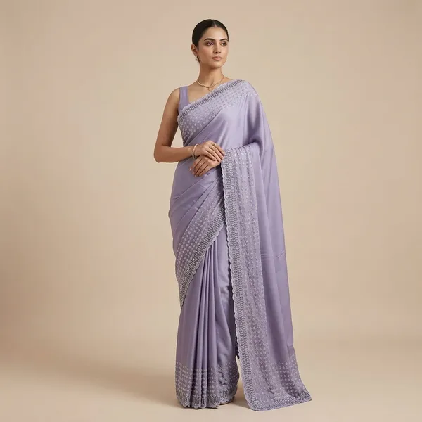 Lilac_Purple_Japan_Satin_Dotted_Embroidered_Border_Saree_For_Women