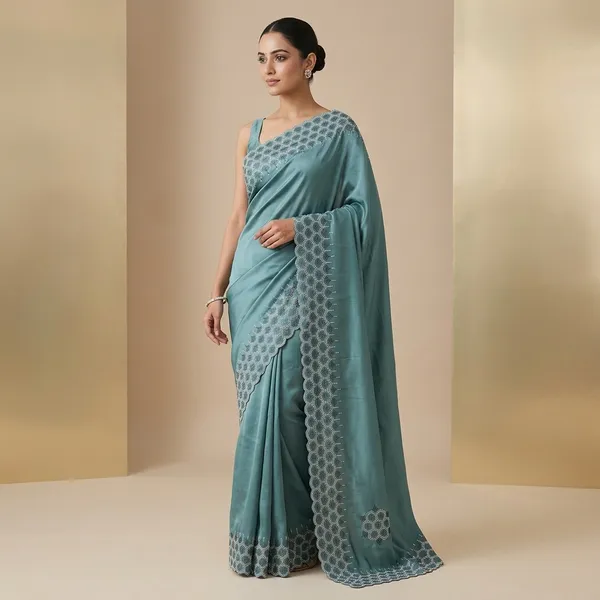 Teal_Japan_Satin_Geometric_Scalloped_Embellished_Saree_For_Women