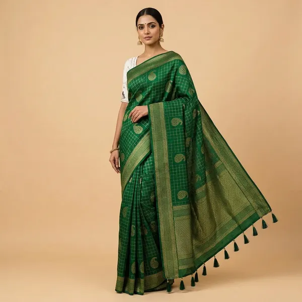 Emerald_Green_Vichitra_Floral_Checked_Printed_Saree_For_Women
