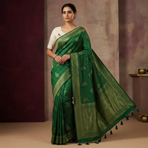 Emerald_Green_Vichitra_Floral_Checked_Printed_Saree_For_Women