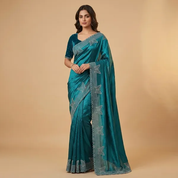 Peacock_Blue_Satin_Floral_Embroidered_Border_Saree_For_Women