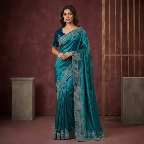 Peacock_Blue_Satin_Floral_Embroidered_Border_Saree_For_Women