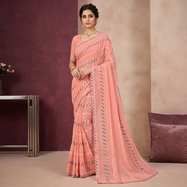 Peach_Georgette_Sequin_Striped_Lace_Border_Saree_For_Women