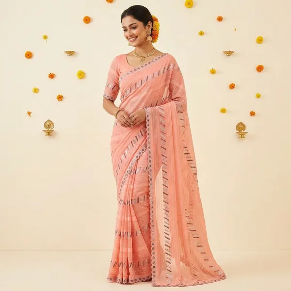 Peach_Georgette_Sequin_Striped_Lace_Border_Saree_For_Women