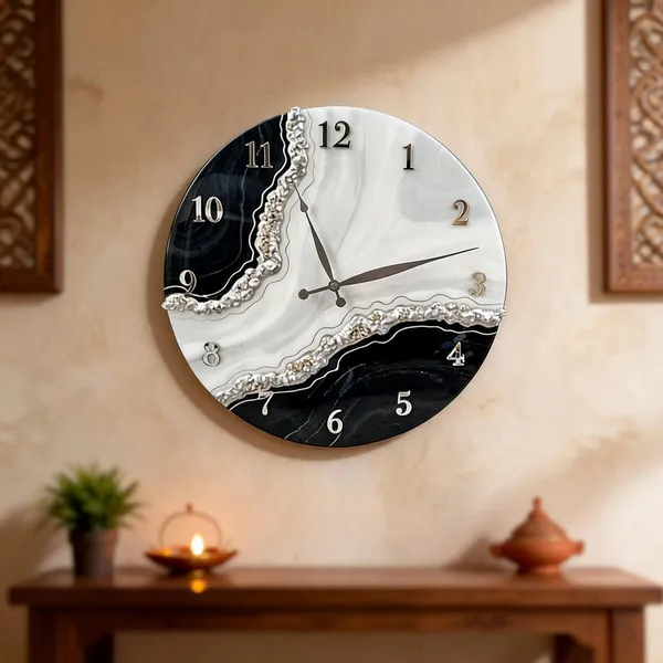 Mdf_Glass_Modern_Black_White_Marble_Effect_Wall_Clock