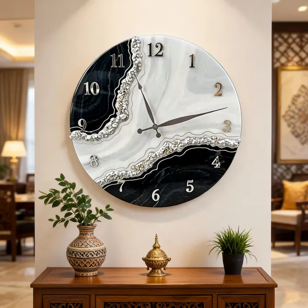 Mdf_Glass_Modern_Black_White_Marble_Effect_Wall_Clock