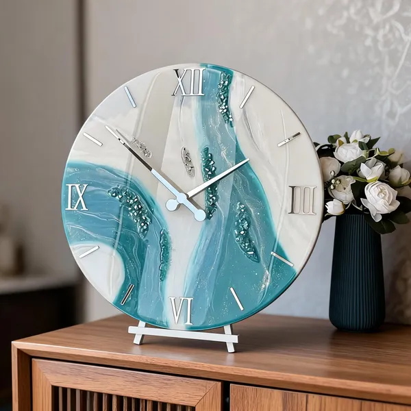 Resin_Modern_Blue_White_Abstract_Roman_Numeral_Table_Clock