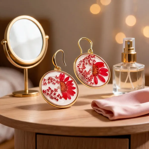 Red_Floral_Gold_Tone_Round_Drop_Earrings_For_Women