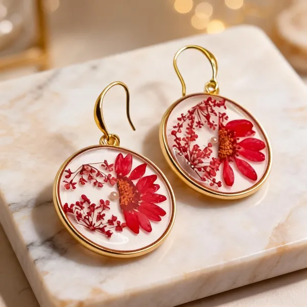 Red_Floral_Gold_Tone_Round_Drop_Earrings_For_Women