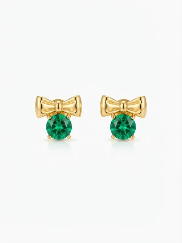 Gold_Stainless_Steel_Bow_Green_Stone_Stud_Earrings_For_Women