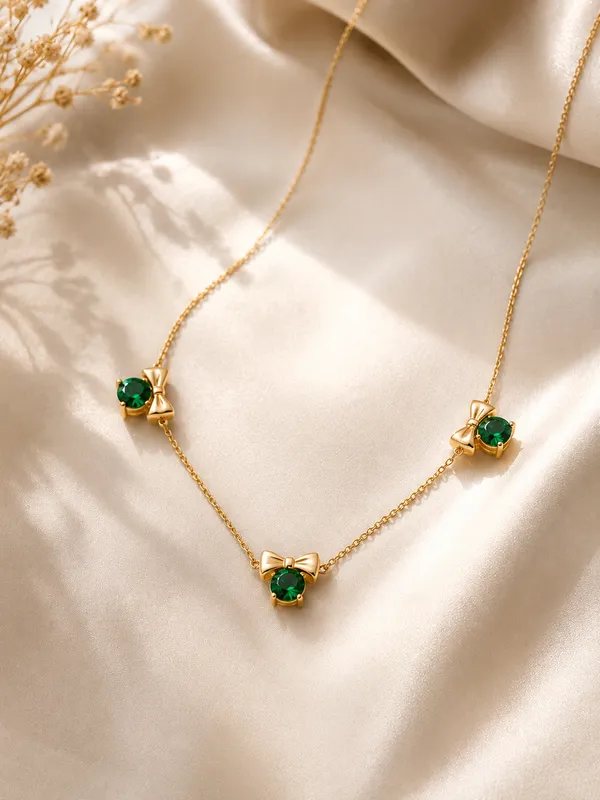 Gold_Stainless_Steel_Green_Stone_Bow_Pendant_Necklace_For_Women
