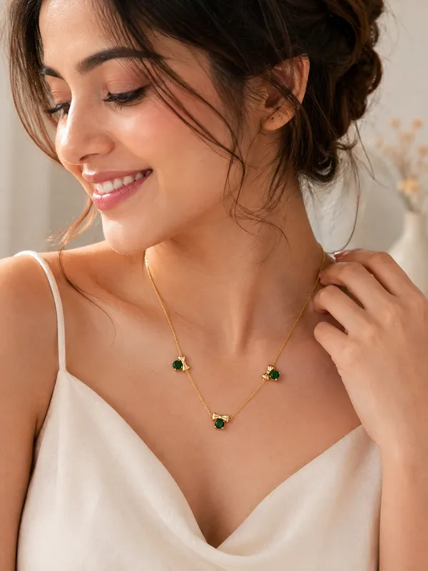 Gold_Stainless_Steel_Green_Stone_Bow_Pendant_Necklace_For_Women
