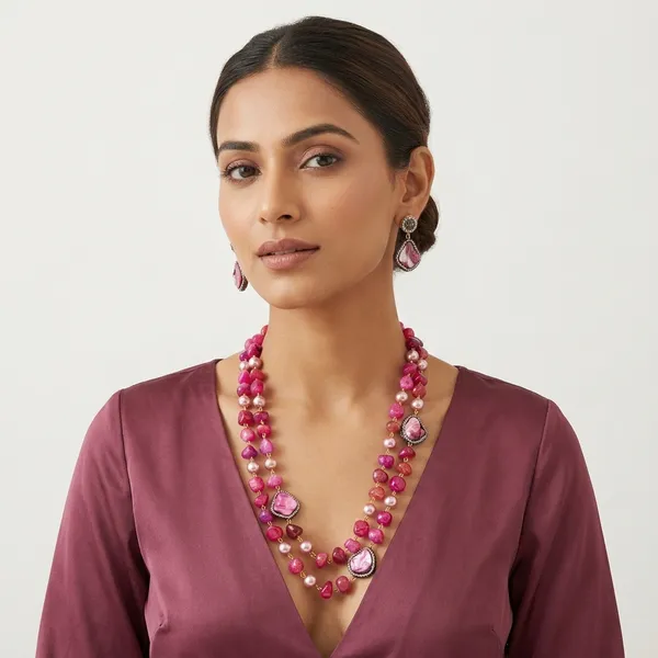 Pink_Semi_Precious_Stones_And_Copper_Alloy_Necklace_Set_For_Women